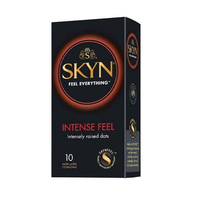 SKYN Intense Feel Condoms Pack of 10 SKYNFEEL Latex Free Condoms for Men, Regular Size Condoms, Thin Condoms, Ribbed and Dotted Straight Shape, Lubricated, 53mm Wide